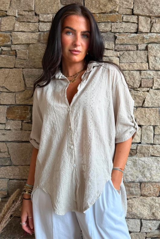Pia Pillow Cotton Embroidered Tile Classic Shirt Stone